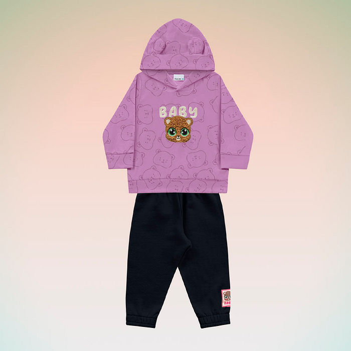 Conjunto blusão com capuz em plush poly e calça em moletom