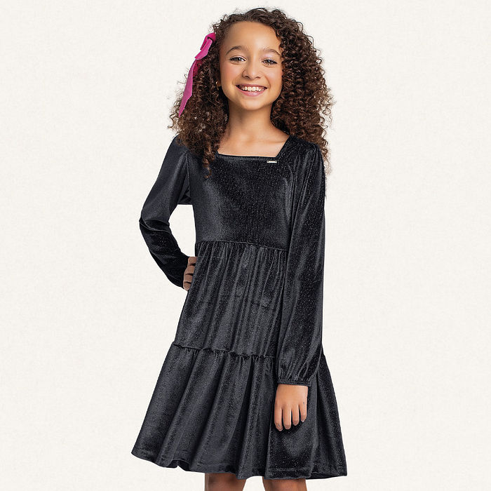 Vestido em plush lurex manga longa