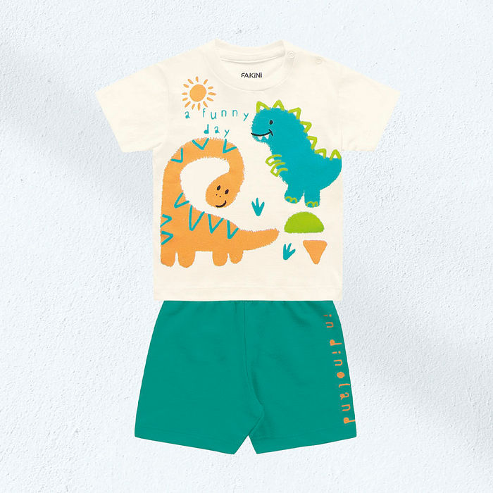 Conjunto camiseta dinos em meia malha e bermuda em moletinho