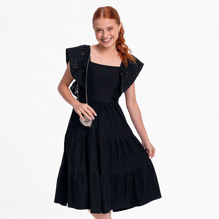 Vestido em cotton flamê com babados em laise e lastex