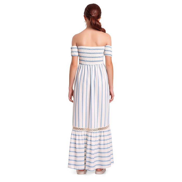 Vestido juvenil longo com lastex e renda listrado