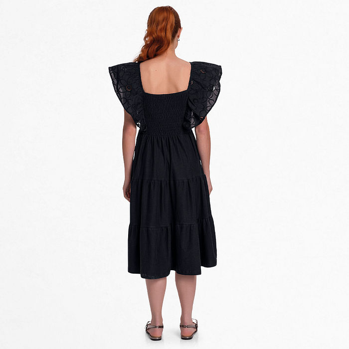 Vestido em cotton flamê com babados em laise e lastex