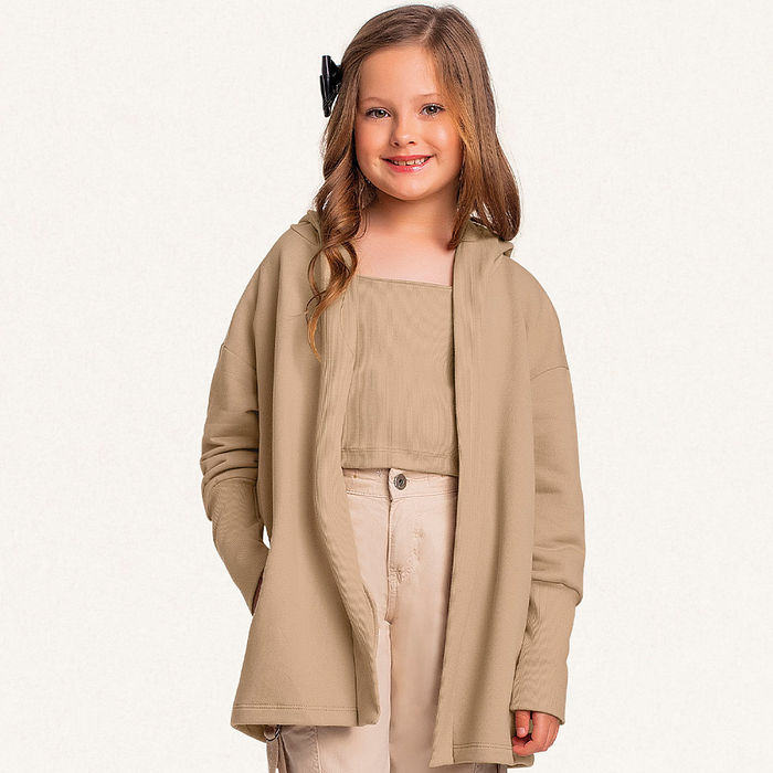 Conjunto top em ribana e casaco aberto com capuz em moletom