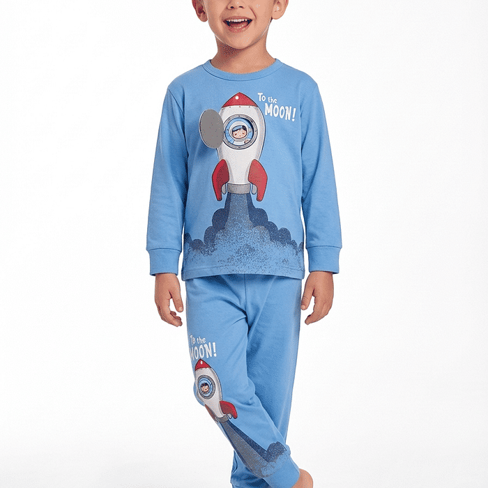 Conjunto pijama camiseta manga longa e calça foguete com aplique interativo
