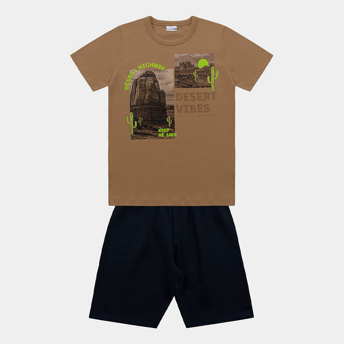 Conjunto camiseta desert e bermuda em moletinho