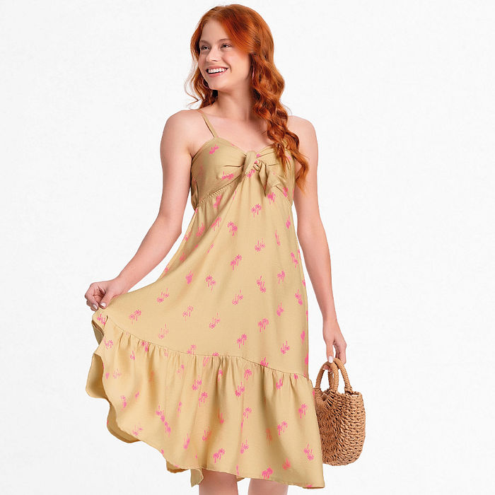 Vestido em tecido rayon texturizado com laço de amarração