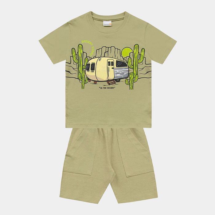 Conjunto camiseta desert com aplique em feltro sublimado e bermuda em moletinho