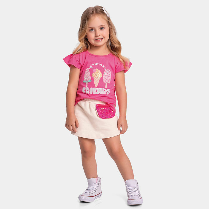 Conjunto blusa e short-saia com bolso embutido