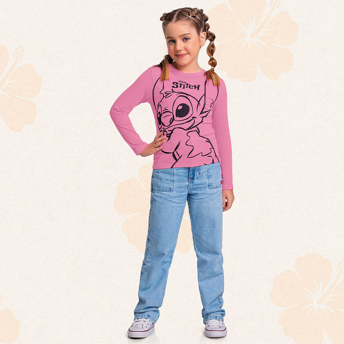 Blusa manga longa em ribana Lilo & Stitch