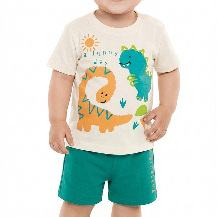 Conjunto camiseta dinos em meia malha e bermuda em moletinho