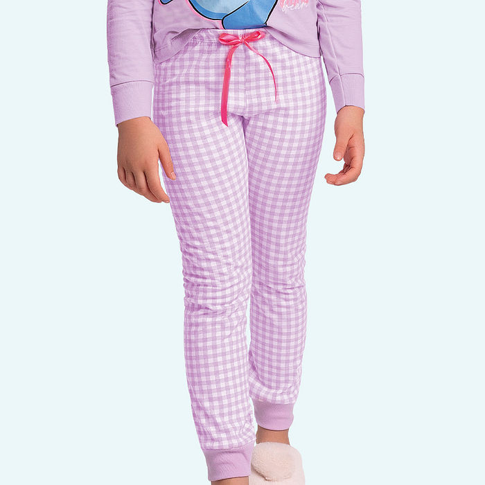 Conjunto pijama blusa manga longa e calça xadrez com laço Stitch