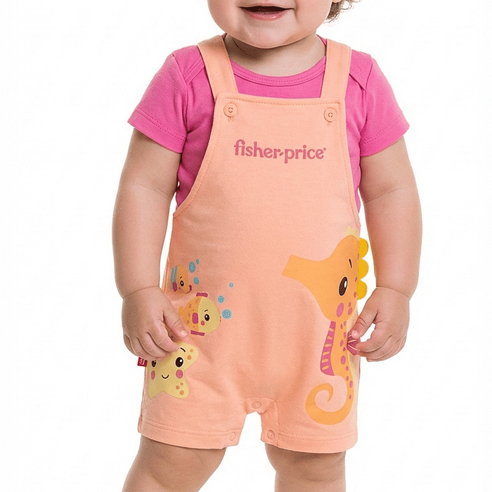 Conjunto body manga curta e macacão de bichinhos