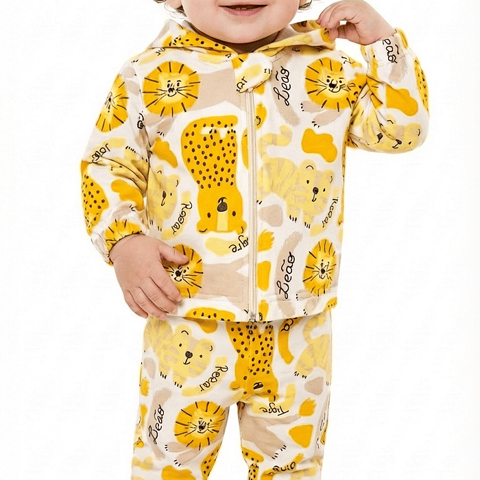 Conjunto jaqueta com capuz e calça em moletom bichinhos