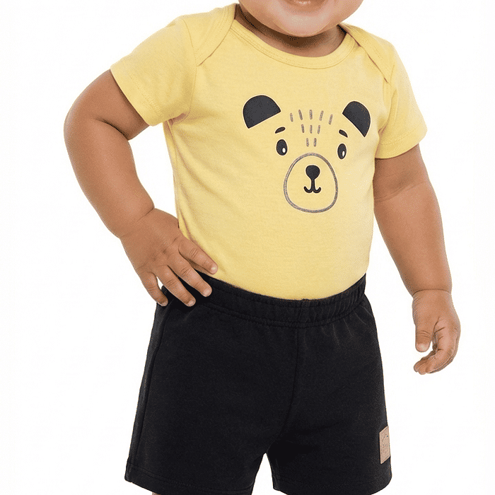 Conjunto body manga curta e bermuda de ursinhos