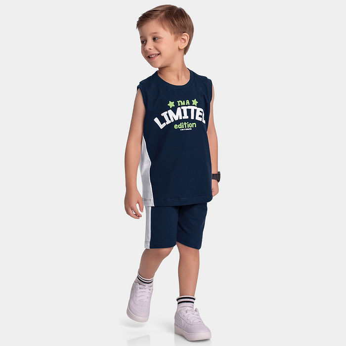 Conjunto regata com silk em relevo 3D e bermuda em moletinho com cadarço