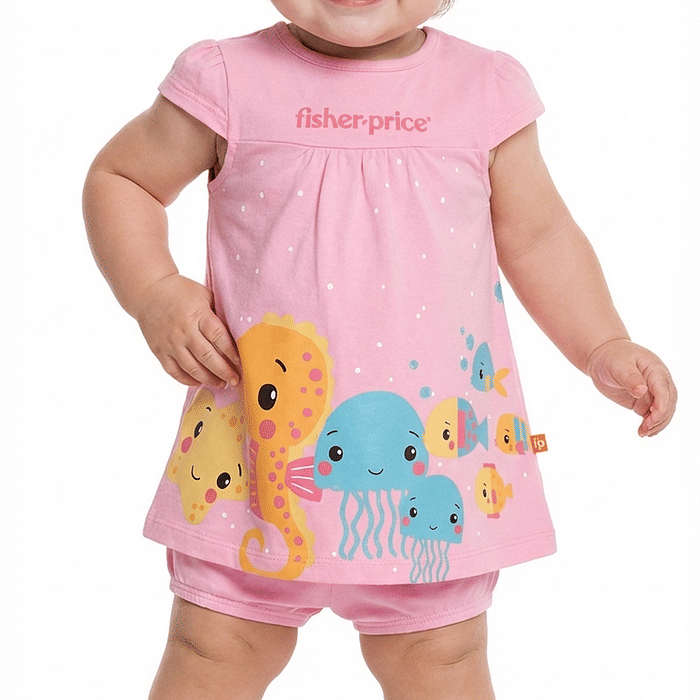 Conjunto vestido de bichinhos e cobre fralda