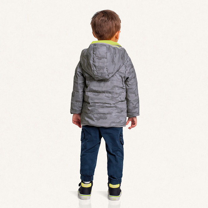 Jaqueta com capuz puffer refletiva com forro militar