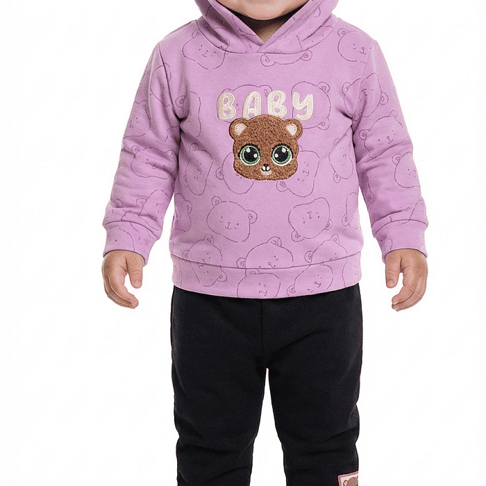 Conjunto blusão com capuz em plush poly e calça em moletom