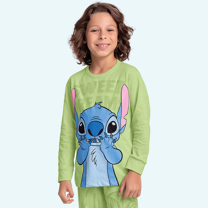 Conjunto pijama camiseta manga longa e calça caribe Stitch