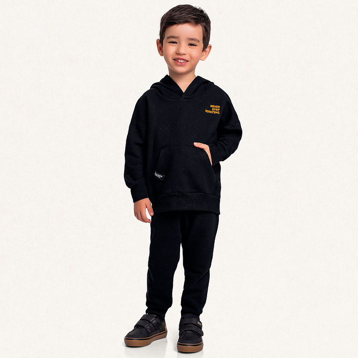 Conjunto blusão com capuz e calça em moletom com bolso