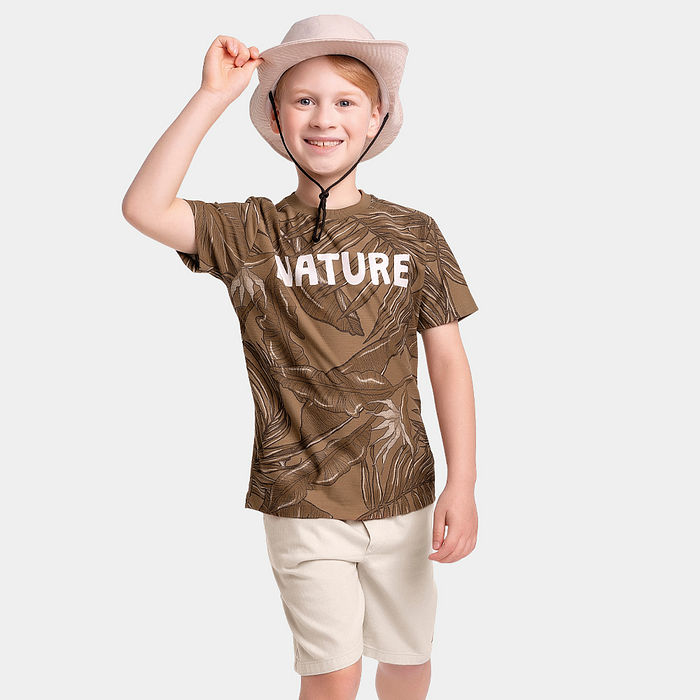 Conjunto camiseta nature em malha flamê e bermuda tingida reativa