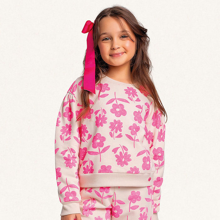 Conjunto blusão e calça em moletom flores