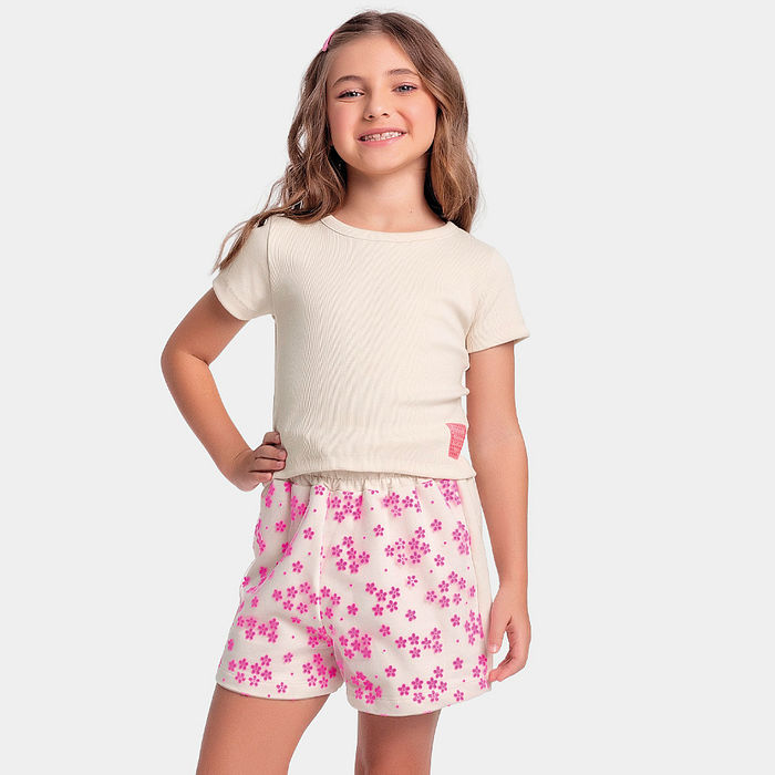 Conjunto blusa em ribana 2x1 e short em tecido tule flocking flores