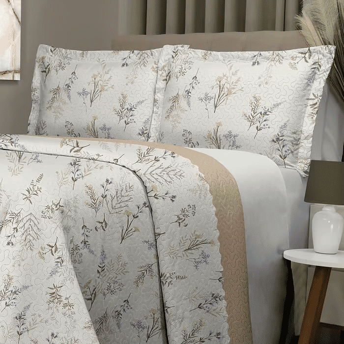 Kit: 1 Cobre-leito Bouti de Microfibra Ultrasonic Estampada + Porta-Travesseiros - Catherine Bege