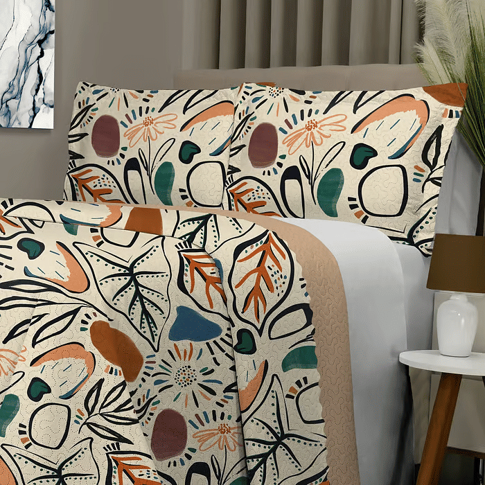 Kit: 1 Cobre-leito Bouti de Microfibra Ultrasonic Estampada + Porta-Travesseiros - Jasper Bege