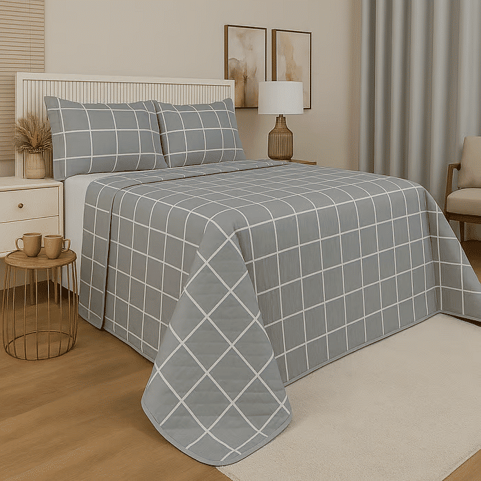 Kit: 1 Cobre-leito Bouti de Microfibra Ultrassonic + Porta-Travesseiros - Listras Cinza