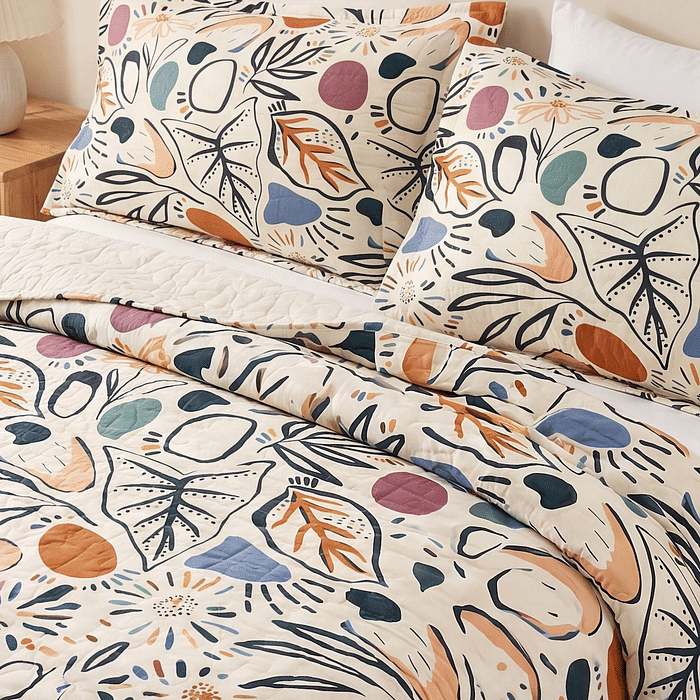 Kit: 1 Cobre-leito Bouti de Microfibra Ultrasonic Estampada + Porta-Travesseiros - Jasper Bege