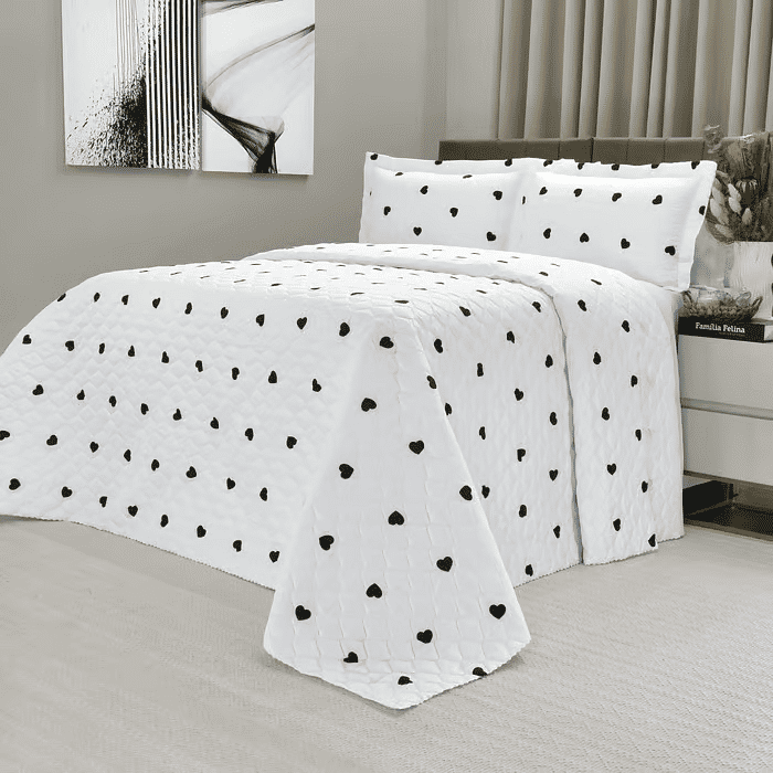 Kit: 1 Cobre-leito Bouti de Microfibra Ultrasonic Estampada + Porta-Travesseiros - Love Black