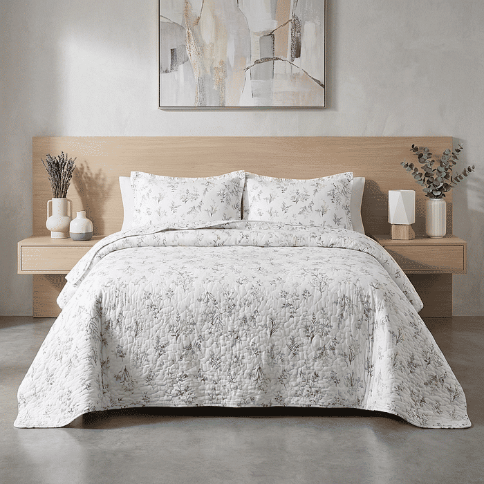 Kit: 1 Cobre-leito Bouti de Microfibra Ultrasonic Estampada + Porta-Travesseiros - Catherine Bege