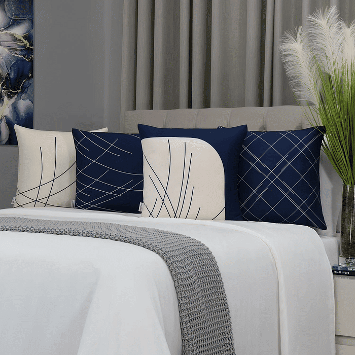 Kit: 4 Capas de Almofada Decorativas Linhas Marinho e Bege