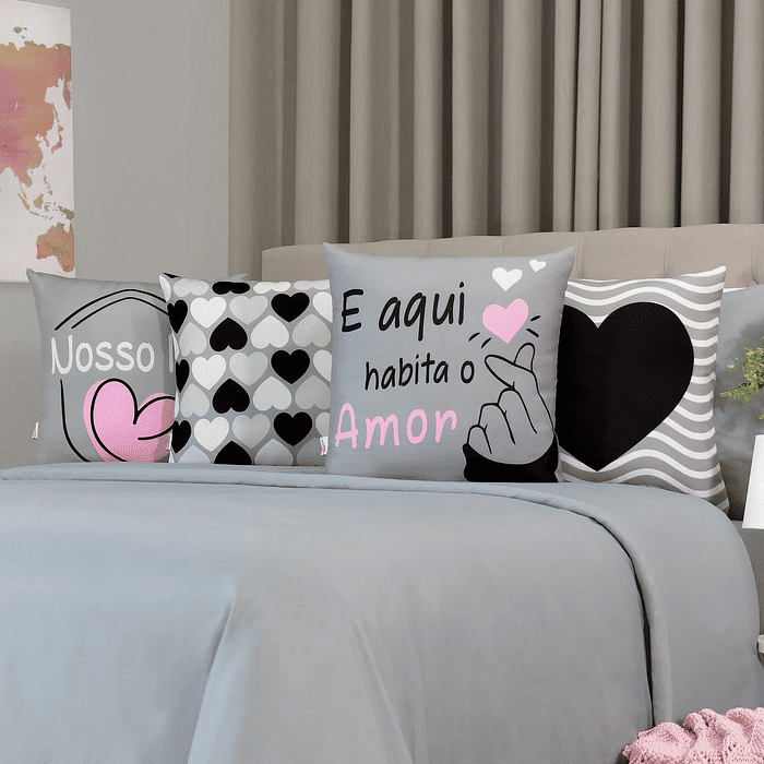 Kit: 4 Capas de Almofada Decorativas Amor Nosso Lar Cinza