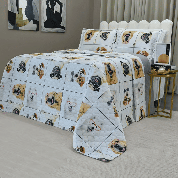 Kit: 1 Cobre-leito Bouti de Microfibra Ultrasonic Estampada + Porta-Travesseiros - Dogs