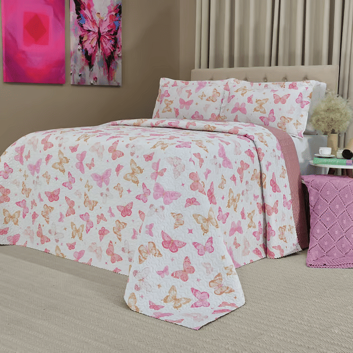 Kit: 1 Cobre-leito Bouti de Microfibra Ultrassonic Estampada + Porta-Travesseiros - Iris Rosa