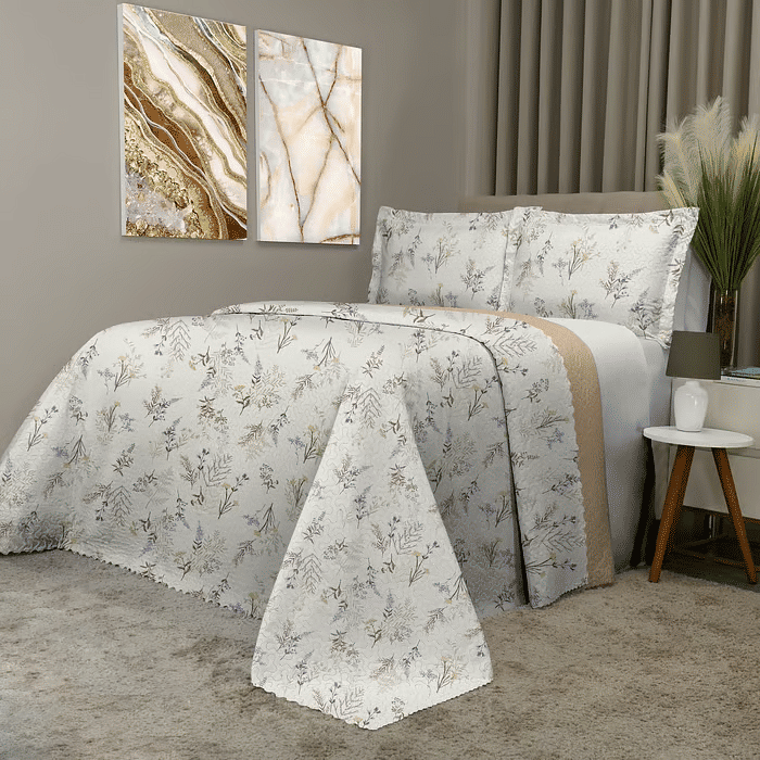 Kit: 1 Cobre-leito Bouti de Microfibra Ultrasonic Estampada + Porta-Travesseiros - Catherine Bege