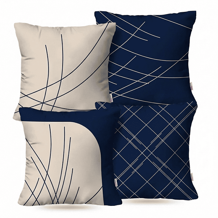 Kit: 4 Capas de Almofada Decorativas Linhas Marinho e Bege