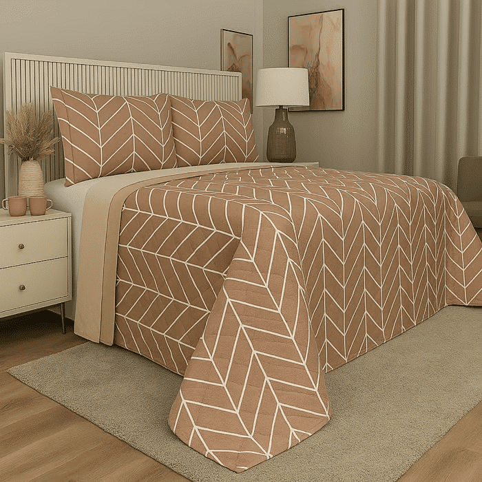 Kit: 1 Cobre-leito Bouti de Microfibra Ultrassonic Estampada + Porta-Travesseiros - Theo Bege