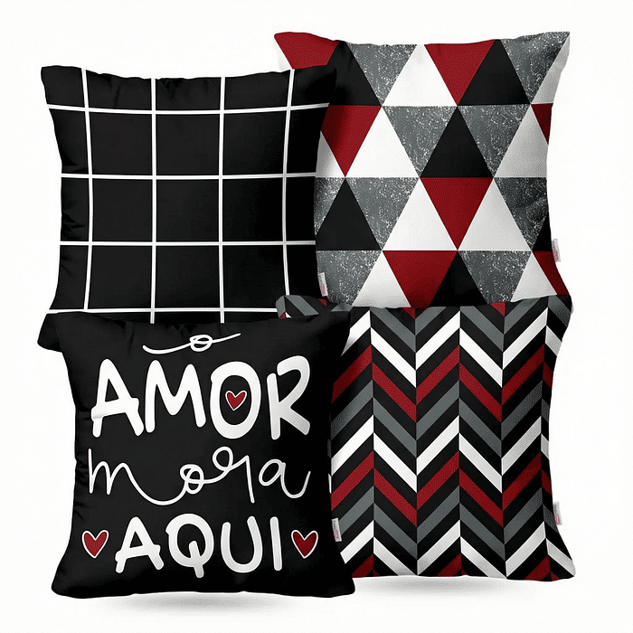 Kit: 4 Capas de Almofada Decorativas o Amor Mora Aqui 