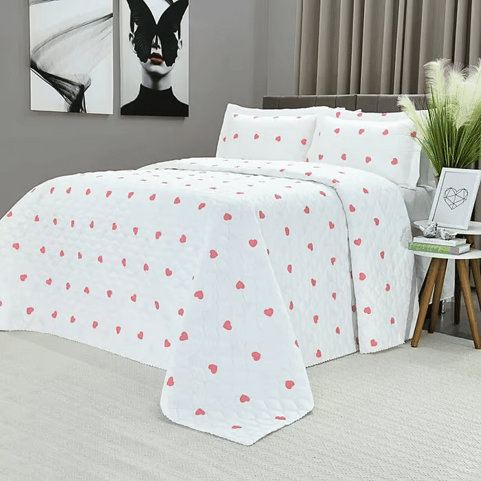 Kit: 1 Cobre-leito Bouti de Microfibra Ultrasonic Estampa + Porta-Travesseiros - Love Rosa