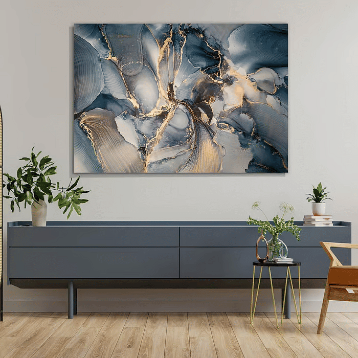 Tela Decorativa Grande Marmore Azul Ouro