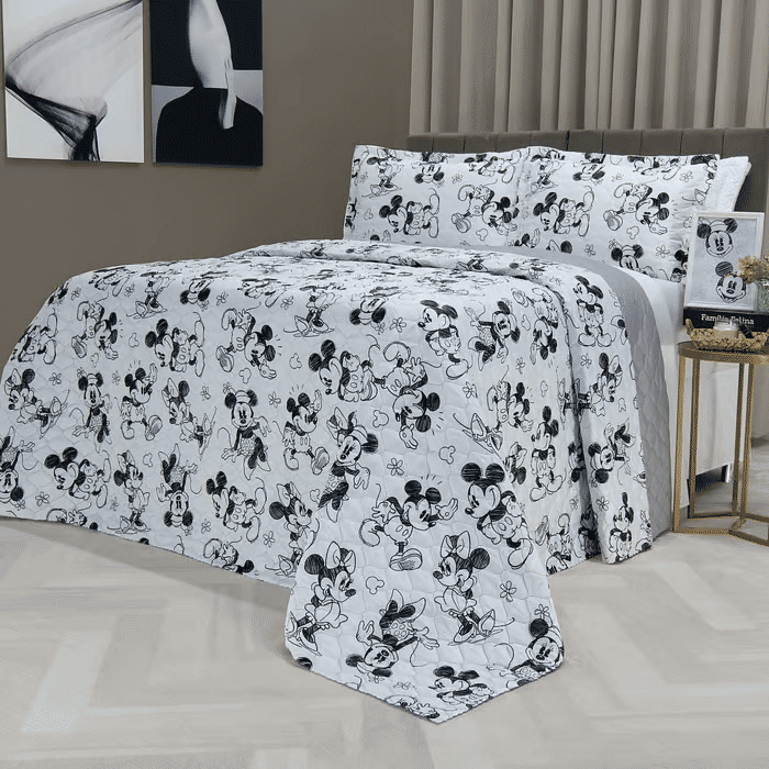 Kit:1 Cobre-leito Bouti de Microfibra Ultrassonic Estampa + Porta-Travesseiros - Infantil Mickey e Minnie
