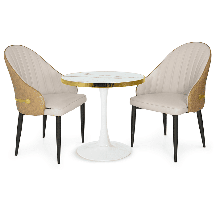 Conjunto Mesa de Jantar Redonda Majestic 70cm Branca com 2 Cadeiras Estofadas La Martina - Bege Frontal