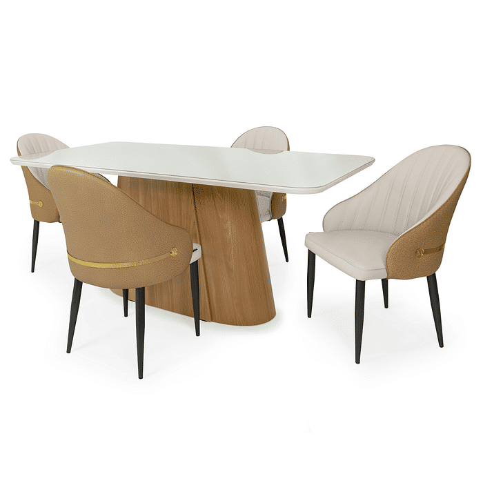 Conjunto Mesa de Jantar Retangular Essenza 180x90cm Nature/Off White com Vidro com 4 Cadeiras Estofadas La Martina