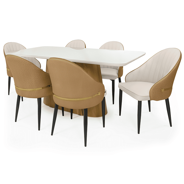 Conjunto Mesa de Jantar Retangular Essenza 180x90cm Nature/Off White com Vidro com 6 Cadeiras Estofadas La Martina