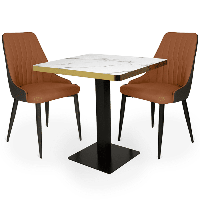 Conjunto Mesa de Jantar Quadrada Venezia 70x70cm Branca com 2 Cadeiras Estofadas Torino - Caramelo/Cinza Escuro