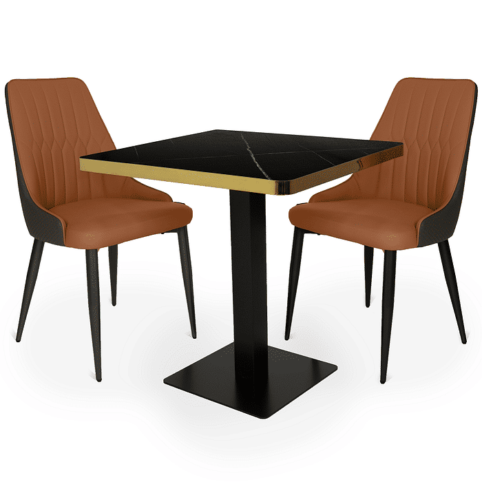 Conjunto Mesa de Jantar Quadrada Venezia 70x70cm Preta com 2 Cadeiras Estofadas Torino - Caramelo/Cinza Escuro