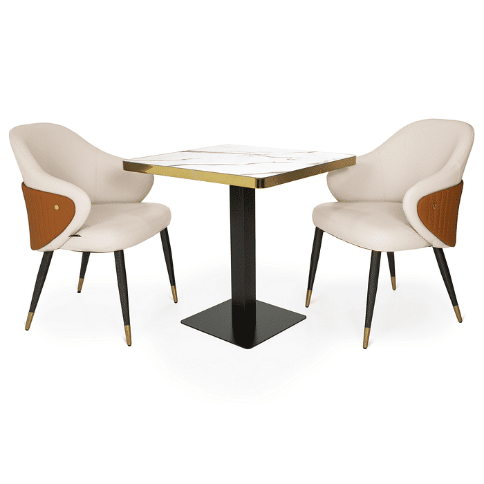Conjunto Mesa de Jantar Quadrada Venezia 70x70cm Branca com 2 Cadeiras Estofadas Milano - Bege/Caramelo Frontal